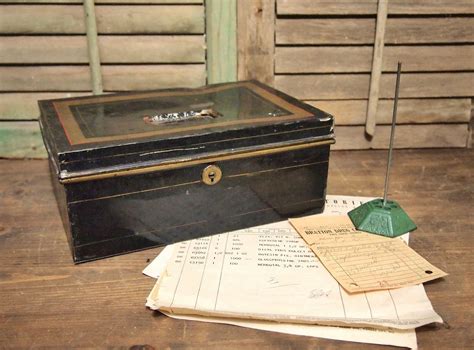 1800's 9x6x3 black antique metal documents box|Document Box In Antique Primitives for sale .